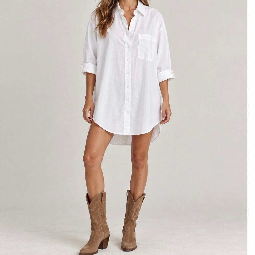 Zara White Cotton Oversized Shirt Dress Button Front Long Sleeve NWT Small Tunic